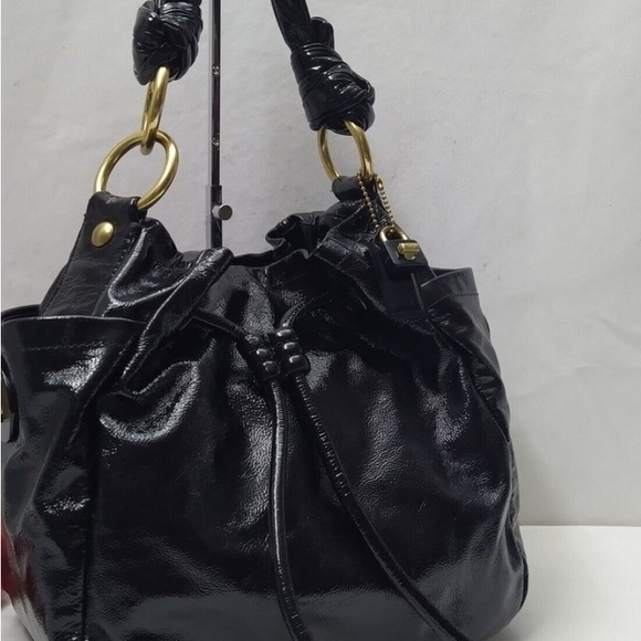Coach Glossy Black Shoulder Bag HOBO drawstring with Gold Details.LEATHER. - Picture 2 of 14